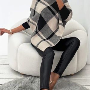 Brand new: Mock neck plaid poncho- black & white